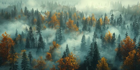 Wall Mural - Aerial view of fog flowing through evergreen forest in autumn