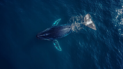 Humpback whale swimming in deep blue ocean. Aerial view.