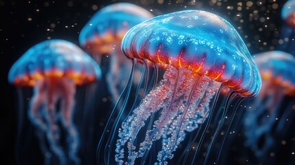 Glowing jellyfish swimming in deep ocean water with sparkling particles