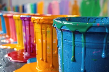 Wall Mural - Colorful paint dripping from buckets in a printing factory