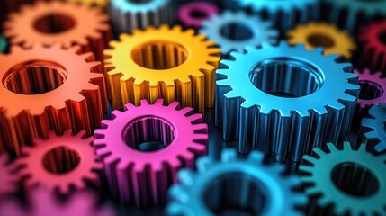 Aufkleber - Colorful metallic gears interlocking representing teamwork and collaboration