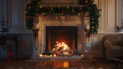 Wall Mural - Crackling fire in a traditional fireplace adorned for christmas eve, setting a cozy and inviting ambiance