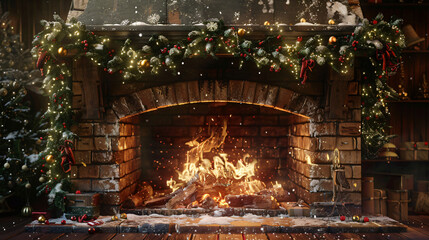 Aufkleber - Cozy christmas fireplace with crackling fire, falling snow at night, festive decorations, and a christmas tree in the background, perfect for december nights with family