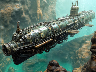 Wall Mural - A large, rusted submarine is floating in the water. The submarine is surrounded by rocks and has a lot of metal parts. Scene is eerie and mysterious, as the submarine appears to be abandoned