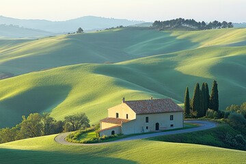 Wall Mural - A Stone Farmhouse on a Rolling Green Hillside in Tuscany