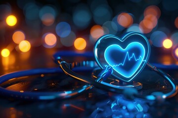 Glowing blue heart symbol with heartbeat line on a blurred bokeh background of warm lights