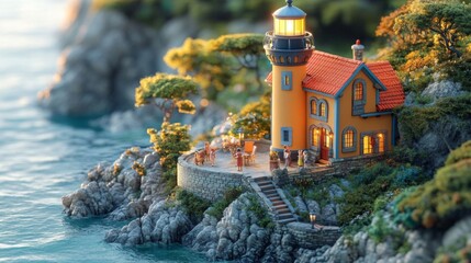 A charming miniature lighthouse with colorful building and a joyful gathering of people by the seaside at sunset.