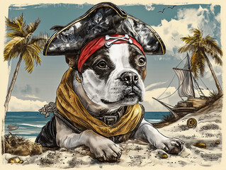 Wall Mural - A dog wearing a pirate costume and a bandana is laying on the beach. The scene is set in a tropical location with palm trees in the background