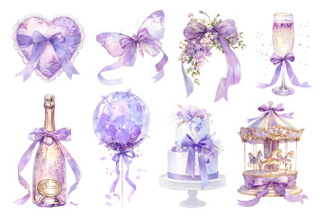 Canvas Print - PNG watercolor purple coquette design element set, transparent background