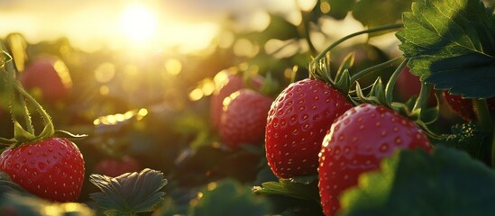 Canvas Print - Ripe Strawberries in a Field at Sunset