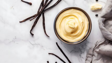 Creamy vanilla pudding in a bowl on white marble background.