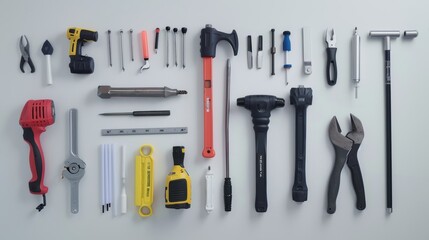 Variety of tools for construction workers laying on white background