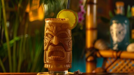 Tiki cocktail with a lime wedge and a straw.