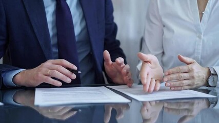 Wall Mural - Business people having meeting discussing contract details. Diverse group team, close up