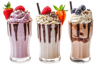 Set of a different types of milkshakes, ice cream and fruit with chocolate drizzle on top, isolated on a transparent background.