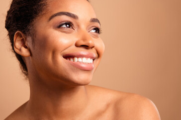 Sticker - Photo of stunning dreamy lady look empty space bare shoulders isolated on beige pastel color background