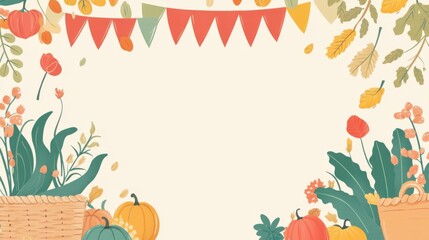 A decorative autumn background featuring pumpkins, flowers, and festive banners, perfect for seasonal designs and invitations.