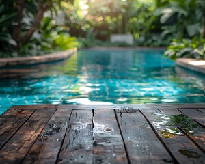 Wall Mural - Polished Wooden Table by Shimmering Pool Ready to Display Gourmet Products