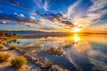 Lake Salton Sea in the evening, peaceful evening atmosphere, with the last remnants of the sun's rays casting a warm glow on the lake