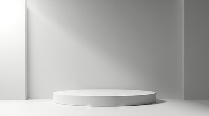 Minimalistic white and grey empty round podium for product display in a modern studio setting. Concept of clean presentation, minimal design, and contemporary style