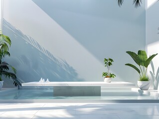 Wall Mural - Minimalist White Table by Tranquil Pool for Organic Beauty Product Display