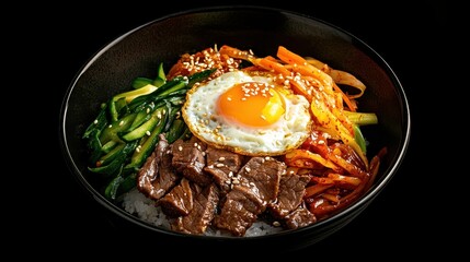 Wall Mural - Bibimbap. Rice noodles with beef, vegetables and egg
