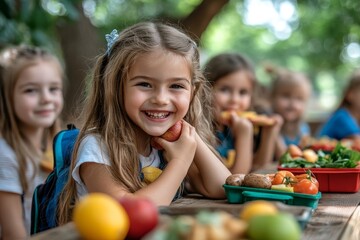 Happy and joyful children eating healthy food in the schoolyard. Back to school concept, Generative AI