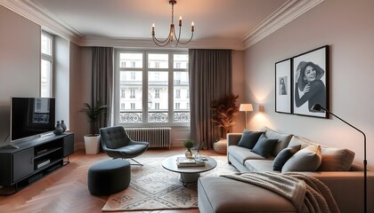 Sticker - Parisian apartment. Scandinavian interior design of modern living room, home.