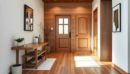 Sticker - Interior stylish modern wooden entrance hallway decor with cozy wooden tone, contemporary home with furniture desk, stand and shoe bench.
