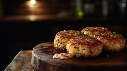 Canvas Print - Crispy Crab Cakes with a Side of Creamy Sauce