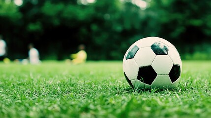 Wall Mural - A soccer ball rests on the grass while a player in white socks is poised to kick. The scene captures the energy of the game with a blurred background of players in action.