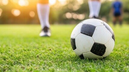 Wall Mural - A soccer ball rests on the grass while a player in white socks is poised to kick. The scene captures the energy of the game with a blurred background of players in action