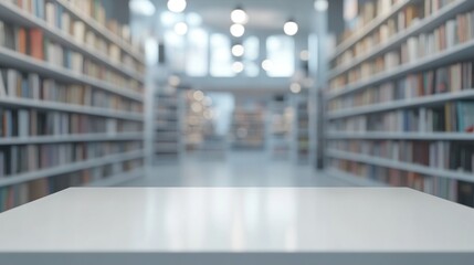 Sticker - White Table in a Blurred Bookshelf Background