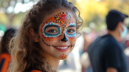 A young woman joyfully showcases her colorful Dia de los Muertos face paint at a lively celebration filled with festive energy.