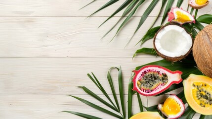 Tropical fruits and palm leaves on a white wooden background.