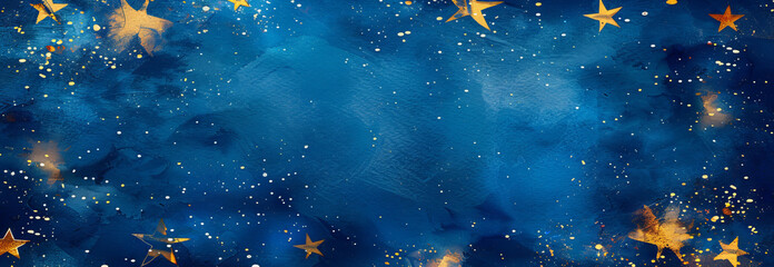 Vibrant pattern of blue stars on a midnight sky background. Watercolor illustration. Starry background. Wide banner