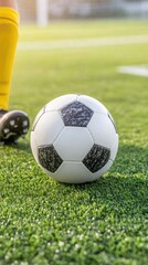 Poster - A soccer ball rests on the grass while a player in white socks is poised to kick. The scene captures the energy of the game with a blurred background of players in action.