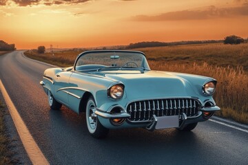 Vintage Blue Convertible Car Driving on a Road at Sunset