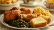 © abangaboy - Southern Fried Chicken  Collard Greens  Cornbread  and Corn on White Plate