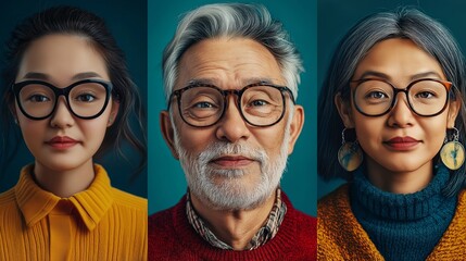 Wall Mural - Three people with glasses are shown in a photo. The man is wearing a red sweater and the woman is wearing a yellow shirt. The photo has a warm and friendly mood