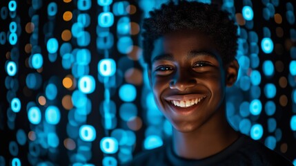 Poster - A young man with a smile on his face is standing in front of a blue background. 0 and 1 computer codes behind him. background is filled with many small circles, creating a unique and visual effect.
