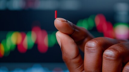 Poster - A hand holding a small red object in front of a graph. Scene is serious and focused, as the person is likely analyzing the data on the graph