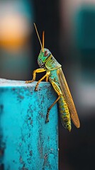 Wall Mural - Grasshopper isolated on metal background