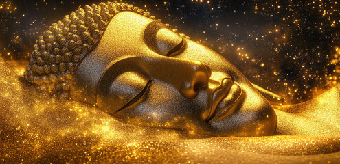 Wall Mural - A golden Buddha face in a sleeping pose, set against a black background with golden glitter and sparkles.