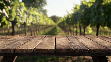 Wooden Tabletop with Vineyard Background