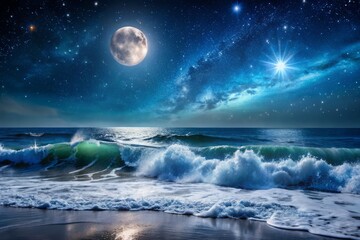 Crashing waves ocean waves at night, with the moon casting a silver glow on the water, and a few stars twinkling in the dark sky above.