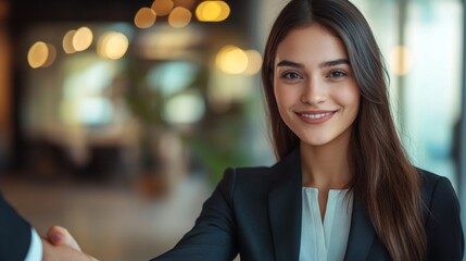 Fototapete - A close-up of a businesswoman shaking hands with a colleague, dressed in a sharp suit, with a professional office setting in the background, symbolizing successful negotiations.