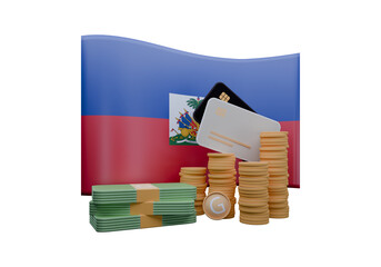 Wall Mural - 3D render illustration of Haiti flag and currency called Gourde