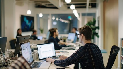 Young professional working on laptop in busy open plan office