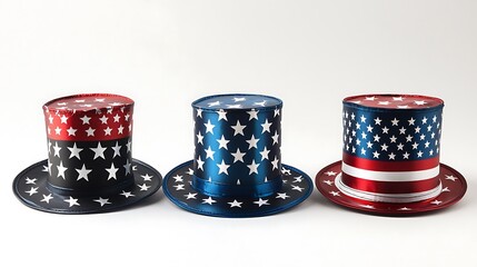 American flag top hats decorated with red, white, and blue stars and stripes.